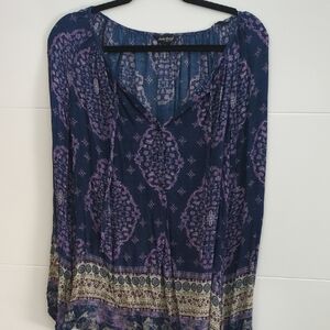lucky Brand Medallion Tie Neckline Half Button Down Women's Blue and Purple Top